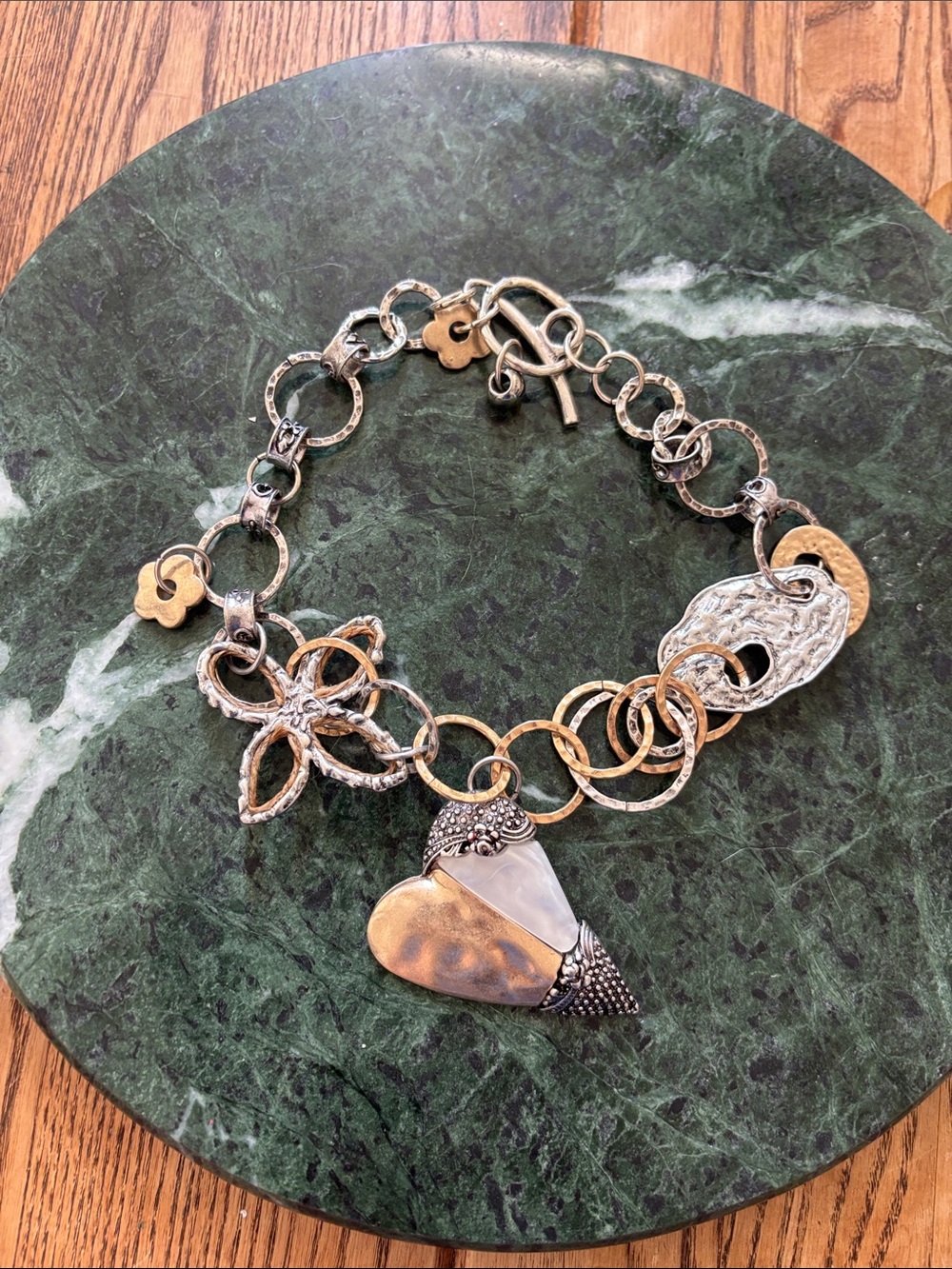 Mixed Metal Heart Pendant Charm Necklace Choker - Two-Tone Women’s Jewelry
